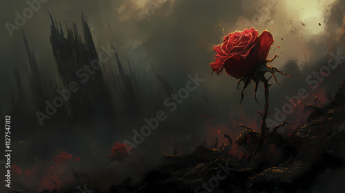 A ravaged rose, its smoldering red hue now dulled by the blackened, ashen remnants of what once were. Ashen. Illustration photo