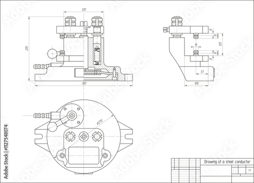 Vector conductor. Engineering mechanical assembly drawing of steel device
with dimension lines and cross section. Industrial technic 
cad scheme on white paper sheet. 
Automatic machine. 