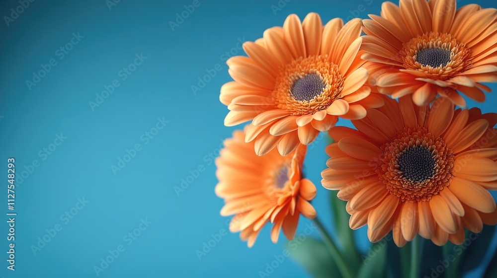 Vase filled with bright orange flowers against a calm blue background, perfect for interior design or lifestyle images Vase filled with bright orange flowers against a calm blue background, perfect for interior design or lifestyle images