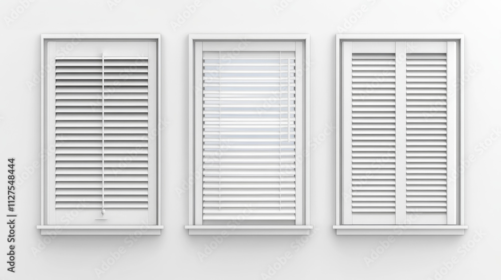 Office or home window frame with jalousie. Closed and ajar opening interior venetian blind plastic and fabric roll curtain with control cord. Realistic 3d vector set of white louvers shutter.