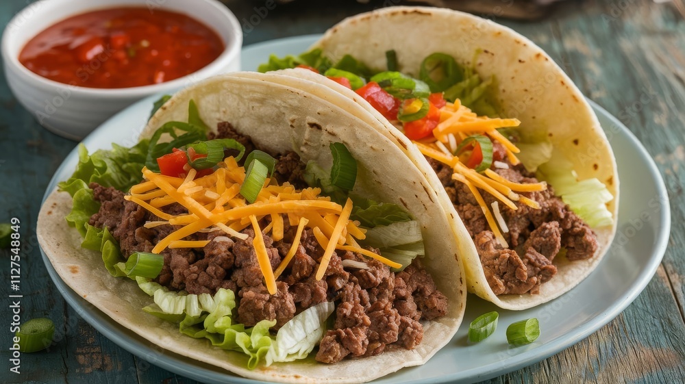 Delicious Beef Tacos with Fresh Vegetables and Salsa. Savor these mouth-watering beef tacos loaded with lettuce, cheese, and topped with fresh salsa. Perfect for any meal! Delicious Beef Tacos with Fresh Vegetables and Salsa. Savor these mouth-watering beef tacos loaded with lettuce, cheese, and topped with fresh salsa. Perfect for any meal!