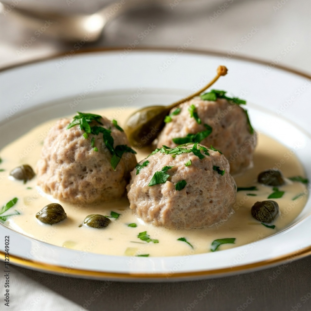 Tender Königsberger Klopse served in a creamy white sauce with capers and fresh parsley garnish Tender Königsberger Klopse served in a creamy white sauce with capers and fresh parsley garnish