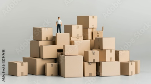 Unpacking delivery boxes a miniature figure on cardboard stack studio setting creative photography concept