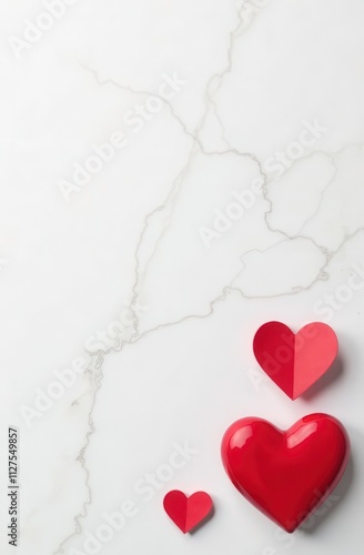 Red hearts on a background of white marble. Valentine's day card with place for text.