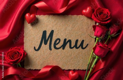 Menu card made of craft paper on a red silk background. Special holiday menu for a romantic dinner. Wedding menu.