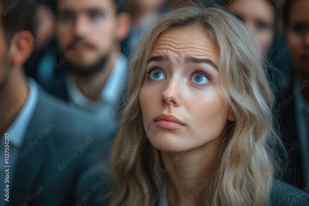A woman looks up at a crowd of people on the street A woman looks up at a crowd of people on the street