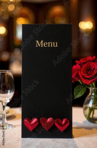 Black menu card on a table in a restaurant. Special menu for Valentine's Day. Romantic menu in the restaurant. Table in a restaurant with a bouquet of red roses.