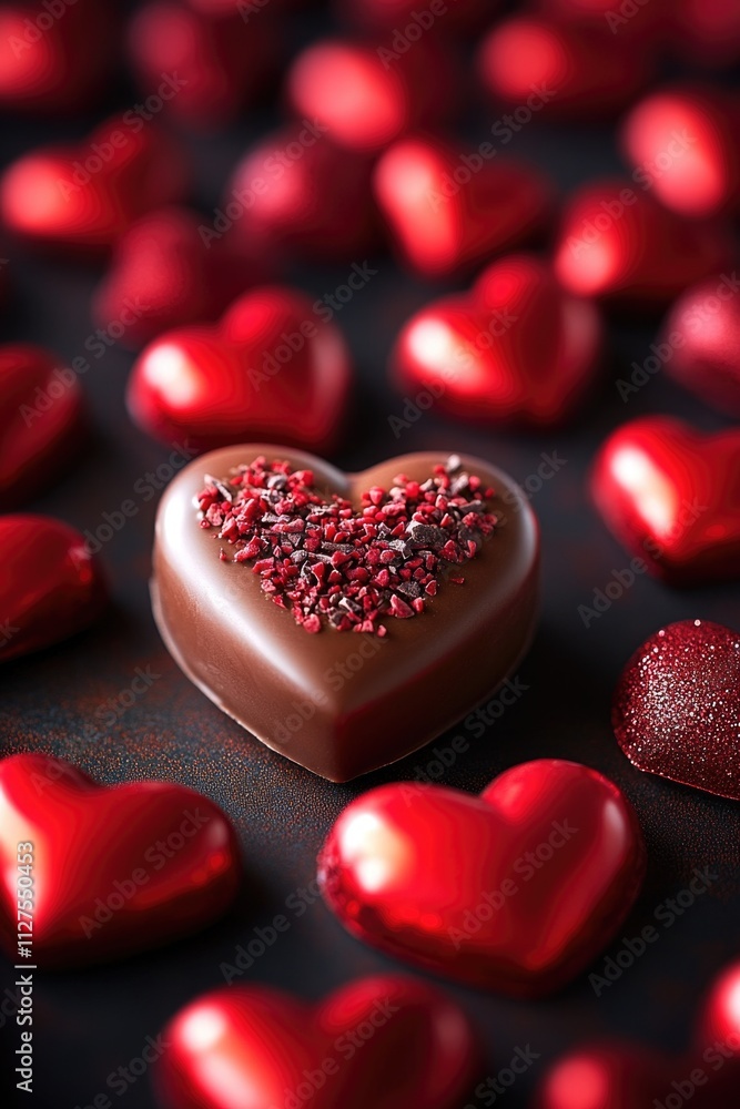 A sweet and romantic image featuring a chocolate heart surrounded by red hearts on a black surface