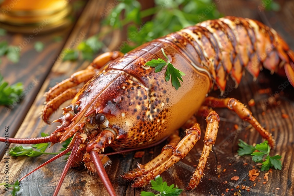 Freshly cooked lobster served on a wooden table garnished with parsley, perfect for seafood dishes or fine dining Freshly cooked lobster served on a wooden table garnished with parsley, perfect for seafood dishes or fine dining