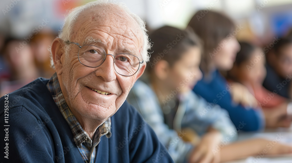 Elderly Caucasian Male Teacher Smiling Broadly with Students in Classroom. Concept of Education, Mentorship, Learning Environment, Positive Teaching Experience. Copy space Elderly Caucasian Male Teacher Smiling Broadly with Students in Classroom. Concept of Education, Mentorship, Learning Environment, Positive Teaching Experience. Copy space