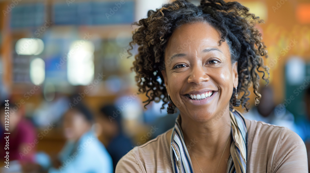 Cheerful African American Woman Teacher Smiling in a Classroom Setting. Concept of Education, Positive Learning Environment, Empowerment, and Cultural Diversity. Copy space Cheerful African American Woman Teacher Smiling in a Classroom Setting. Concept of Education, Positive Learning Environment, Empowerment, and Cultural Diversity. Copy space
