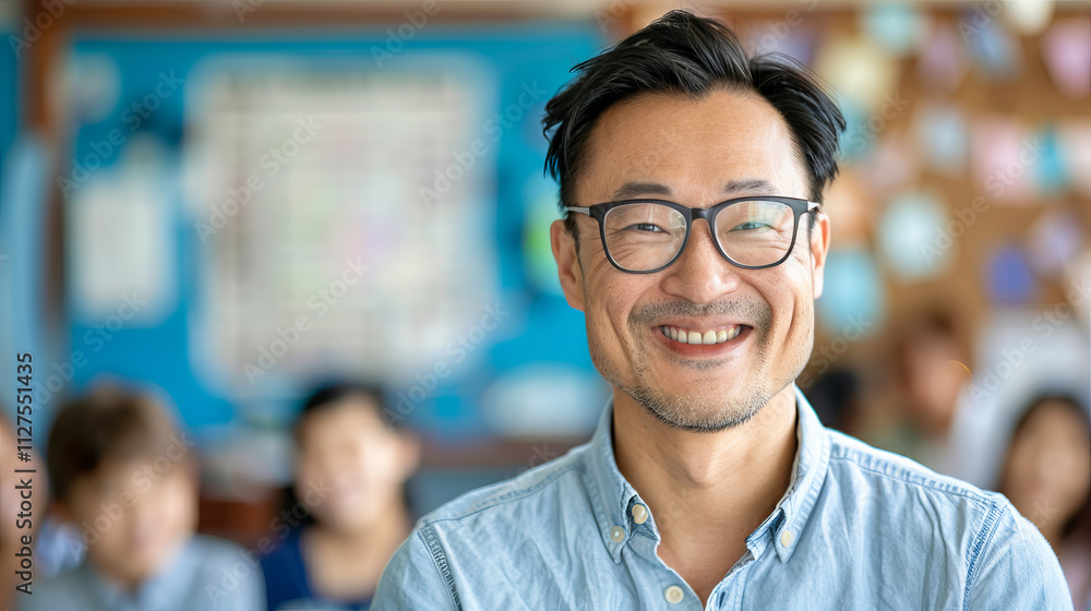 Asian Male Teacher Smiling Broadly with Students in Classroom Setting Concept of Education, Diversity, Leadership, and Learning Environment. Copy space Asian Male Teacher Smiling Broadly with Students in Classroom Setting Concept of Education, Diversity, Leadership, and Learning Environment. Copy space