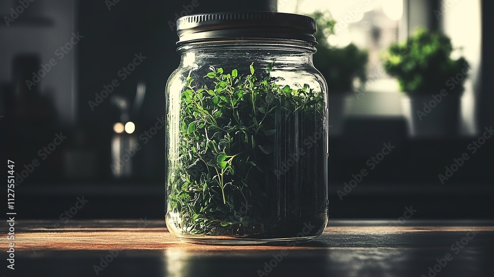 close-up photo of glass jar filled with freshly harvested herbs on kitchen counter surrounded by soft sunlight close-up photo of glass jar filled with freshly harvested herbs on kitchen counter surrounded by soft sunlight