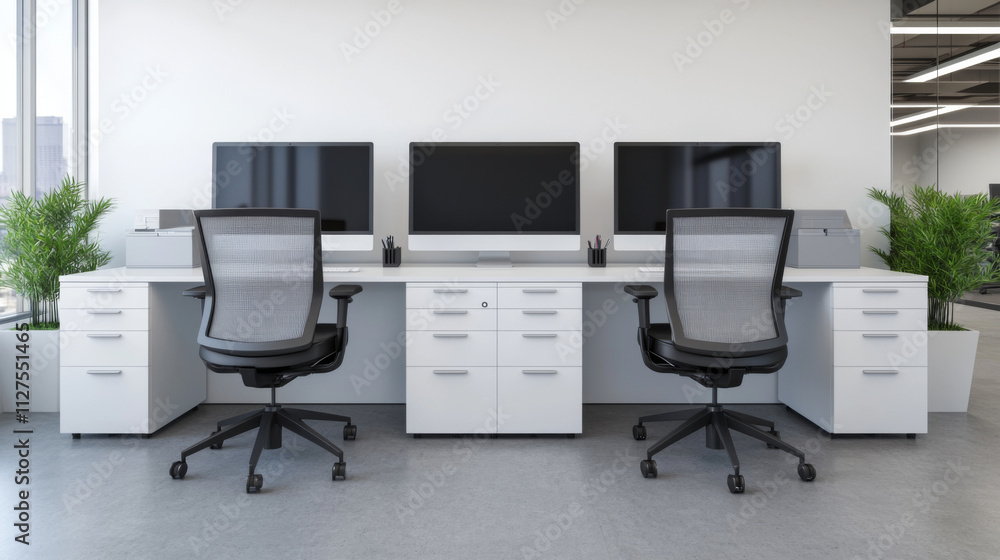 Modern office setup with dual desks and monitors bright workspace minimalist design interior view Modern office setup with dual desks and monitors bright workspace minimalist design interior view