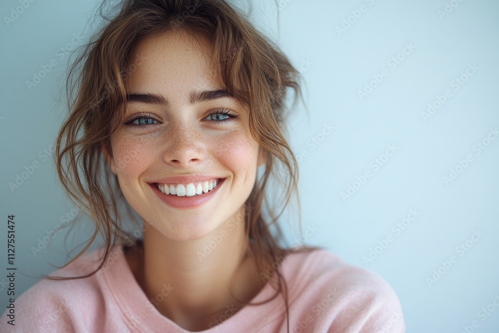 A woman posing for the camera wearing a pink shirt, smiling and looking directly at the viewer A woman posing for the camera wearing a pink shirt, smiling and looking directly at the viewer