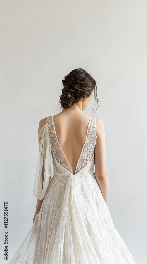 Minimalist Bride with Her Back Turned Wearing Lace Wedding Dress. Concept of Bridal Elegance, Wedding Day, Modern Romance, Sophisticated Bridal Fashion. With her back turned to the camera. Vertical Minimalist Bride with Her Back Turned Wearing Lace Wedding Dress. Concept of Bridal Elegance, Wedding Day, Modern Romance, Sophisticated Bridal Fashion. With her back turned to the camera. Vertical
