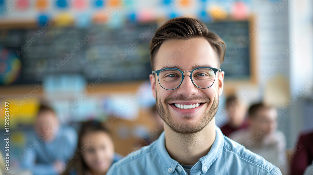 Smiling Male Teacher with Glasses in Classroom Environment. Concept of Education, Learning Atmosphere, Positive Teaching Experience. Copy space Smiling Male Teacher with Glasses in Classroom Environment. Concept of Education, Learning Atmosphere, Positive Teaching Experience. Copy space