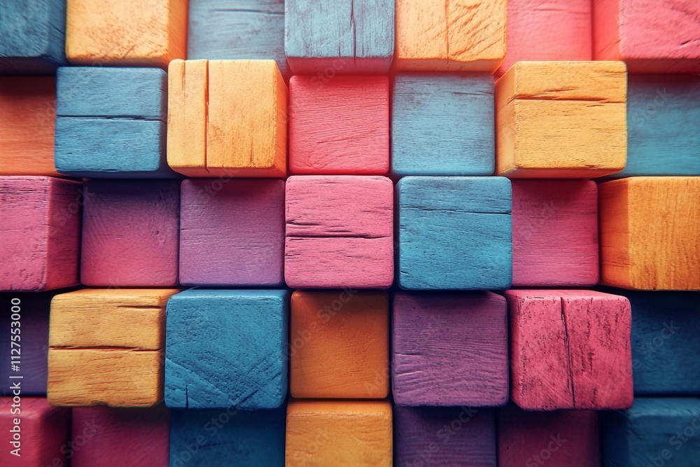 Fototapeta premium Colorful background with colorful rectangular shapes made of wood, wooden squares. with space for text