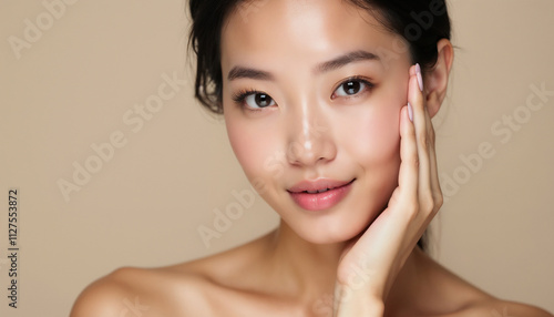 A close-up portrait of a young woman with flawless skin gently holding her face, displaying natural beauty and freshness against a neutral background.