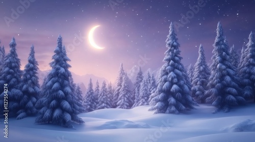 Snow-covered evergreen trees under a crescent moon in a serene winter landscape, AI