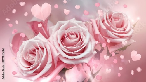 Delicate Pink Roses with Heart Petals for Romantic Moments. Capture the essence of love with these elegant pink roses adorned with floating heart petals, perfect for Valentine’s Day or speci...