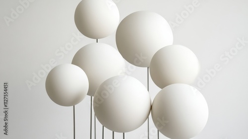 White spherical sculptures on thin rods create a minimalist and modern art piece, AI photo