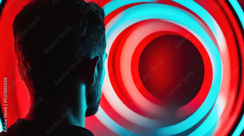 Man with short hair observing vibrant red and blue circular light patterns, AI Man with short hair observing vibrant red and blue circular light patterns, AI