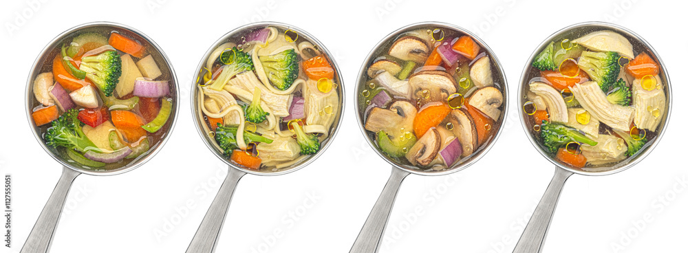 Ladle with soup, broth isolated on white background, top view, full depth of field Ladle with soup, broth isolated on white background, top view, full depth of field