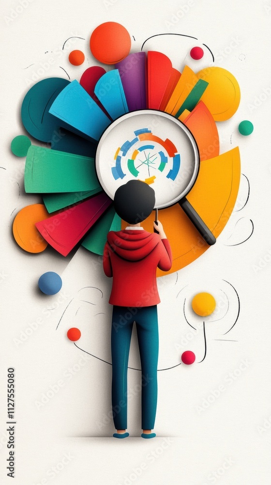 Colorful illustration of a person analyzing data with a magnifying glass, AI Colorful illustration of a person analyzing data with a magnifying glass, AI