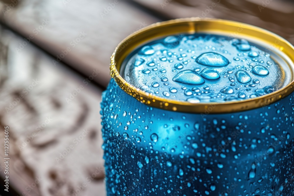 A tin can adorned with water droplets, emphasizing its refreshing design. A tin can adorned with water droplets, emphasizing its refreshing design.