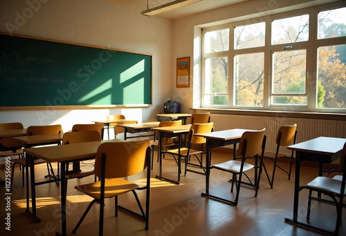 Empty Classroom Interior with Vintage Wooden Chairs and Desks for Back to School Concept