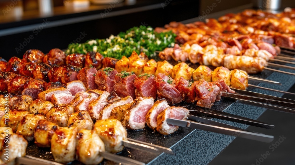 Grilled meat skewers with a variety of flavors and textures on a barbecue grill, AI Grilled meat skewers with a variety of flavors and textures on a barbecue grill, AI