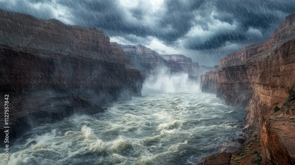 A turbulent river raging through a rocky canyon as rain pours down, surrounded by misty, stormy skies. A turbulent river raging through a rocky canyon as rain pours down, surrounded by misty, stormy skies.