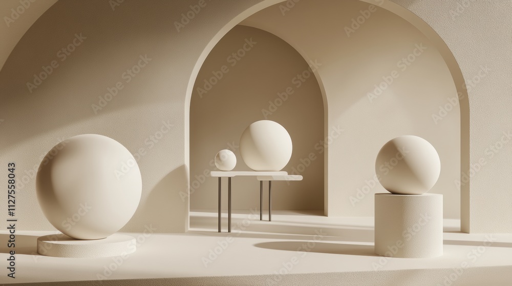 Minimalist beige interior with geometric spheres on pedestals and tables, AI Minimalist beige interior with geometric spheres on pedestals and tables, AI