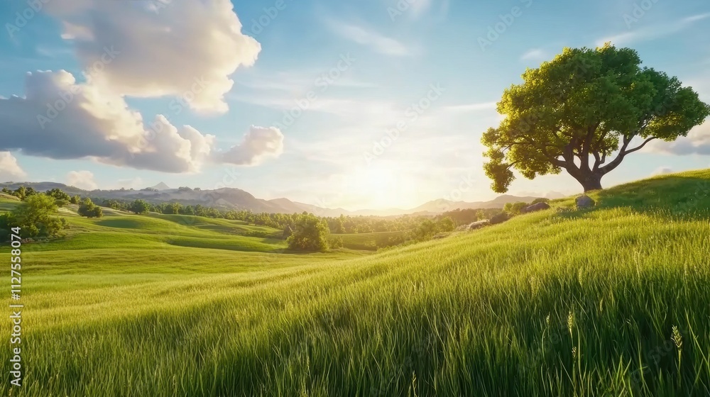 Sunny landscape with lush green fields, a solitary tree, and a bright blue sky, AI Sunny landscape with lush green fields, a solitary tree, and a bright blue sky, AI