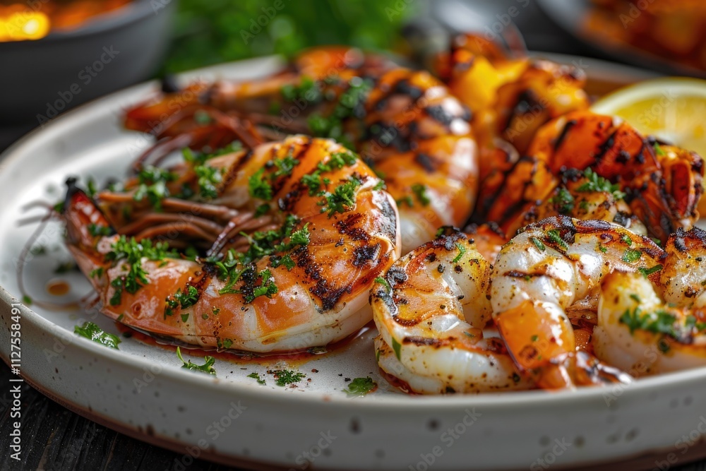 Freshly grilled shrimp and colorful vegetables served on a clean white plate Freshly grilled shrimp and colorful vegetables served on a clean white plate