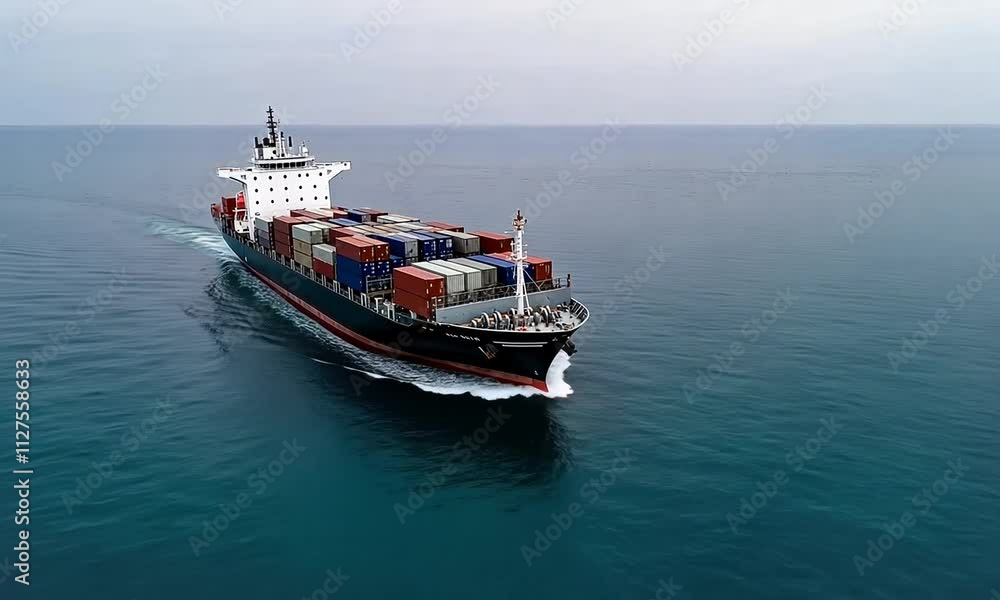 A large cargo ship traverses tranquil blue waters, showcasing stacks of colorful shipping containers against a clear sky A large cargo ship traverses tranquil blue waters, showcasing stacks of colorful shipping containers against a clear sky