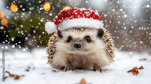 Cute hedgehog in Santa hat, snowing.