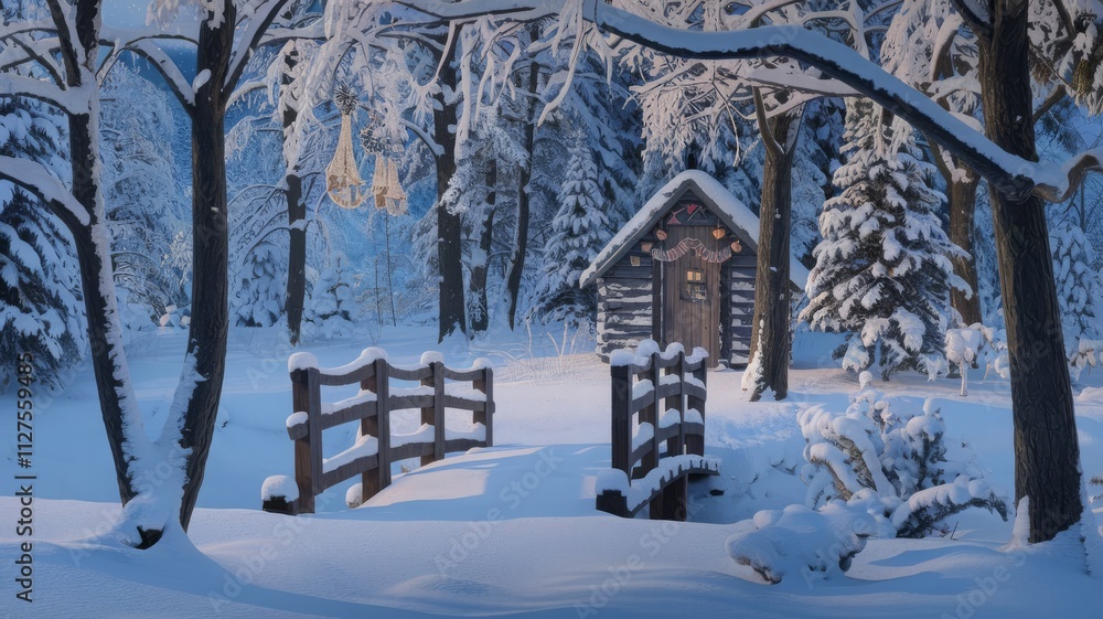 Serene Winter Cabin Surrounded by Snowy Forest. Discover tranquility in this winter wonderland featuring a cozy cabin, a quaint bridge, and a blanket of fresh snow. Serene Winter Cabin Surrounded by Snowy Forest. Discover tranquility in this winter wonderland featuring a cozy cabin, a quaint bridge, and a blanket of fresh snow.