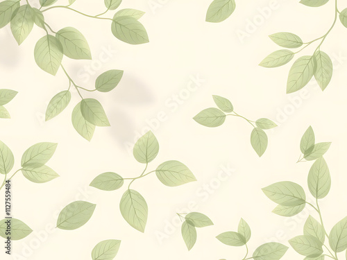  Soft beige background with delicate green leaf patterns and subtle shadow overlays 