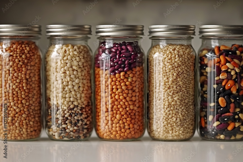 high quality stock photo of glass jars filled with colorful legumes and grains on pristine white countertop illuminated high quality stock photo of glass jars filled with colorful legumes and grains on pristine white countertop illuminated