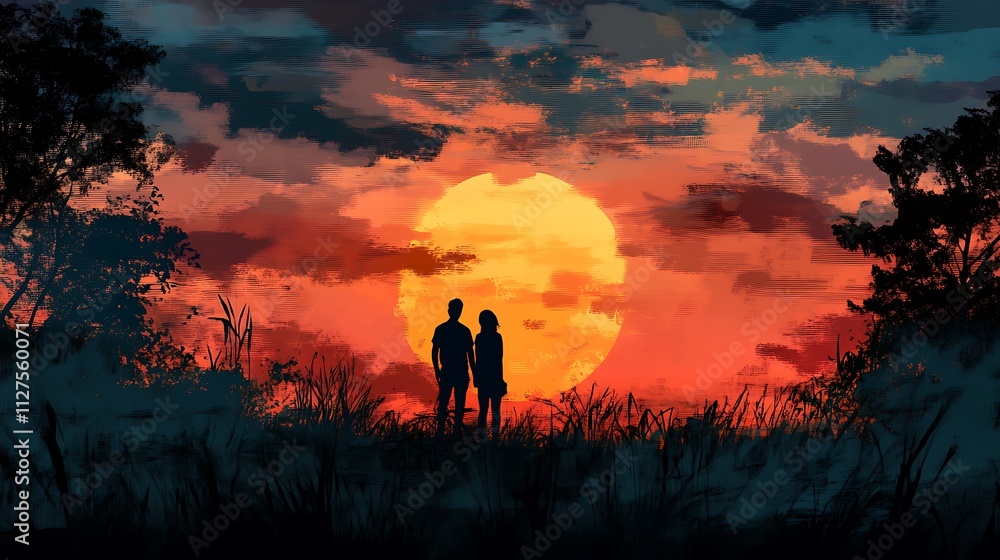 A silhouette of two people watching a vibrant sunset over a grassy landscape. A silhouette of two people watching a vibrant sunset over a grassy landscape.