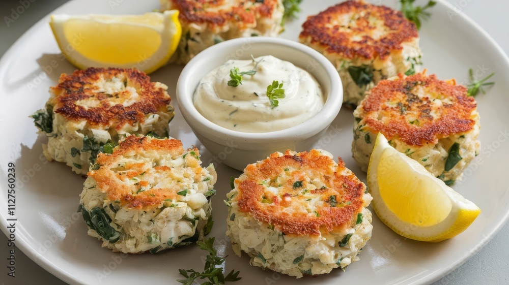 Delicious Crab Cakes with Lemon and Herb Sauce. Savor these golden crab cakes served with a zesty lemon wedge and creamy herb sauce, perfect for any seafood lover.