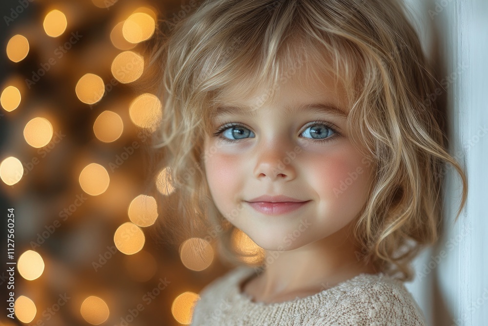 A young girl with blue eyes stands in front of a decorated Christmas tree, perfect for holiday season and family moments A young girl with blue eyes stands in front of a decorated Christmas tree, perfect for holiday season and family moments