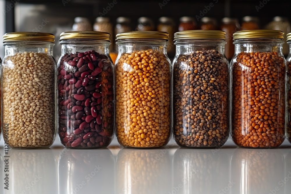 high quality stock photo of glass jars filled with colorful legumes and grains on pristine white countertop illuminated high quality stock photo of glass jars filled with colorful legumes and grains on pristine white countertop illuminated