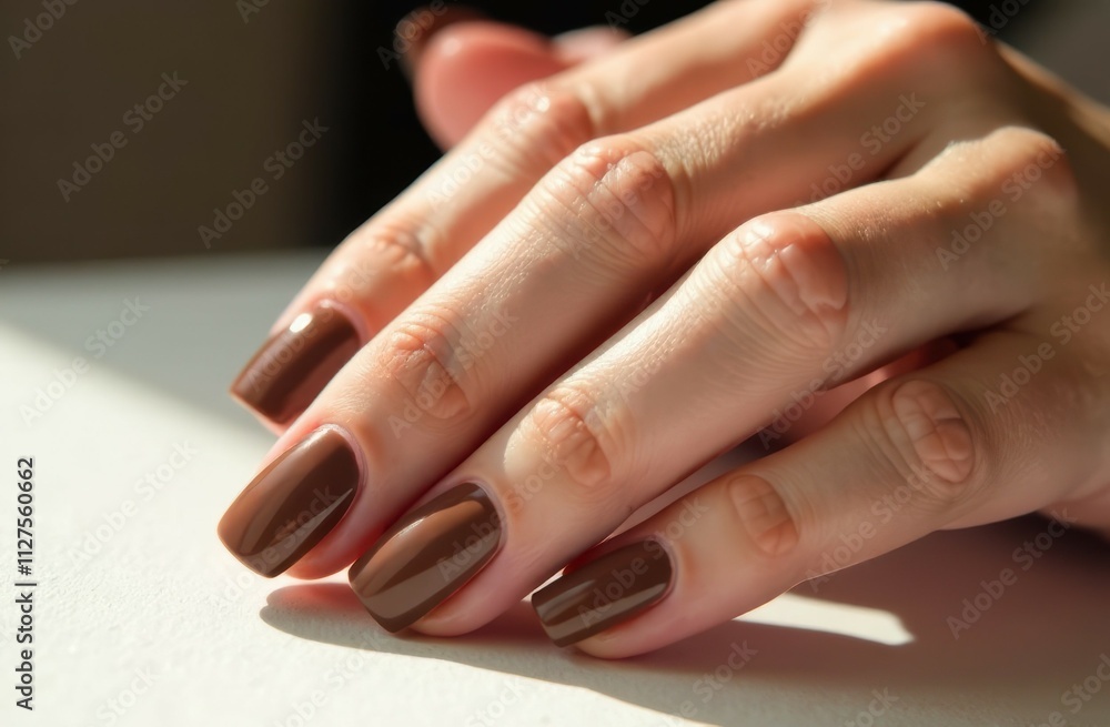 Close-up woman's hand with neat manicure in brown mocha mousse color. Beauty parlor, nail service concept. Color of 2025 year Close-up woman's hand with neat manicure in brown mocha mousse color. Beauty parlor, nail service concept. Color of 2025 year