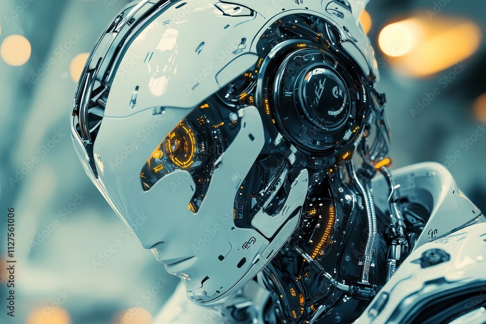 A close-up view of an AI robot, emphasizing its intricate design and human-like features, symbolizing the evolution of robotics in modern society. A close-up view of an AI robot, emphasizing its intricate design and human-like features, symbolizing the evolution of robotics in modern society.