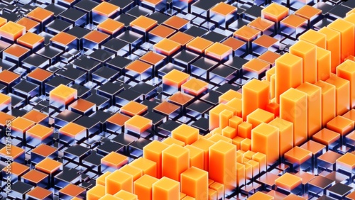 Vászonkép Sophisticated technological illustration mimicking city skyline where geometric shapes emerge in fluid motion, transforming from dark base into illuminated orange heights