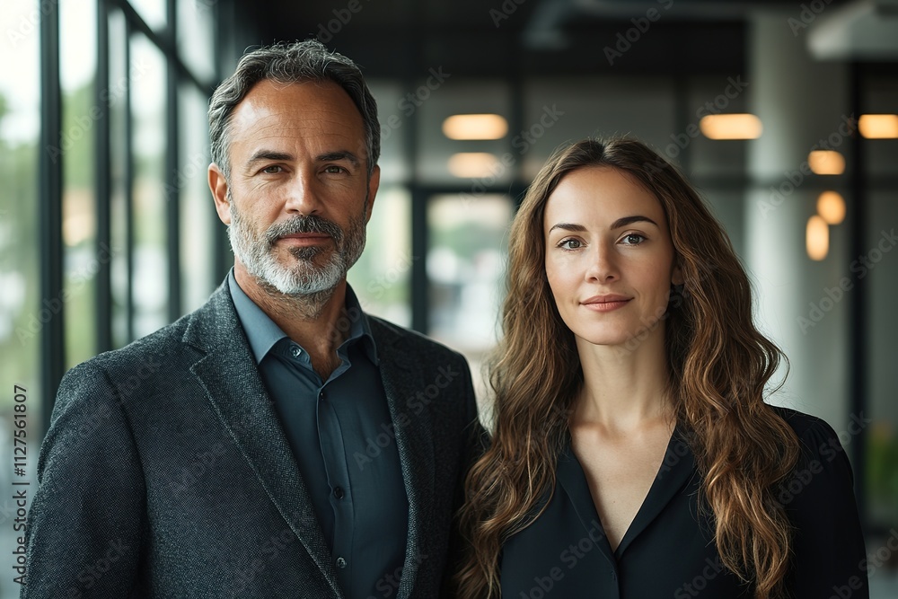 man and woman standing side by side in bright office environment symbolic equality man and woman standing side by side in bright office environment symbolic equality
