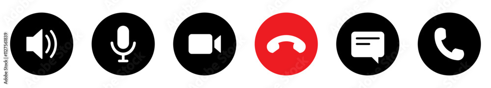 Phone calling icon set. Collection of buttons for the phone call user isolated. Video call, handset, speaker, message, and mute buttons. Interface buttons for mobile connection. Vector illustration. Phone calling icon set. Collection of buttons for the phone call user isolated. Video call, handset, speaker, message, and mute buttons. Interface buttons for mobile connection. Vector illustration.